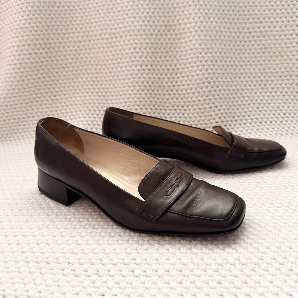 Joan & David Brown Leather Vintage Italy Square Toe Menswear Block Heel Loafers